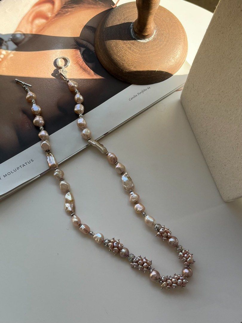 #PN163 [Floral Series] Cold Gold|Freshwater Pearl Necklace |Medium Length|Petal Pearl |Delicate Design|Big Lustrous Baroque Pearl |Champagne Lustre|Light Pink-Gold|Mixed Shapes |Purple Edison Pearl