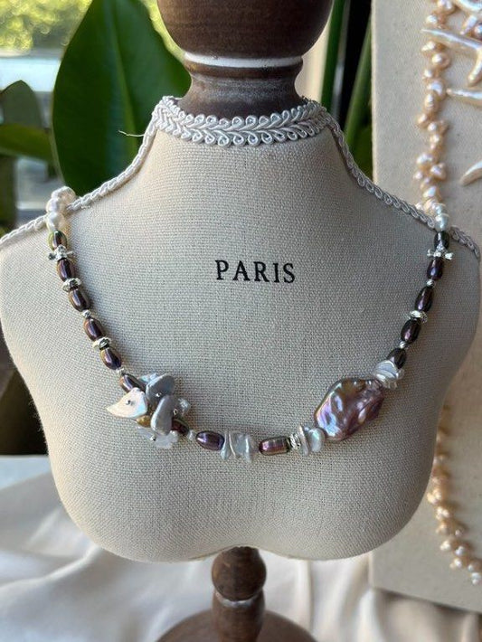 #PN172 [Floral Series] Freshwater Pearl Necklace | Champagne Pink Baroque Pearl |Metallic Rice Pearl|Silver Pearl Flower Petals |Gothic Style