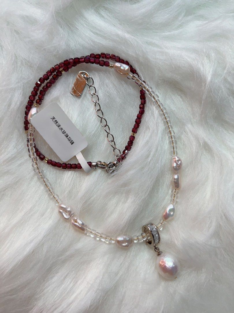 #PN278 Dark Red | Freshwater Pearl Necklace | Garnet Cubes| Import Beads| Keshi Baroque | Removable Pendant Pearl
