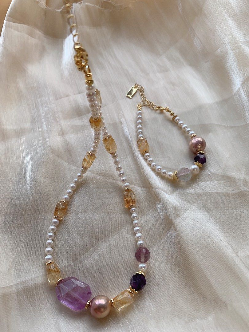 #PN209 Freshwater Pearl Bracelet & Necklace Set|Purple &Yellow Quartz |Big Edison Pearl