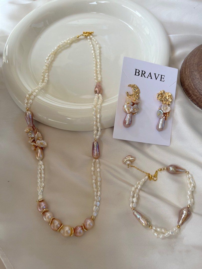 #PN146 [Floral Series] Freshwater Pearl Necklace & Bracelet & Earrings Set|Double-layered| Purple Baroque Pearl