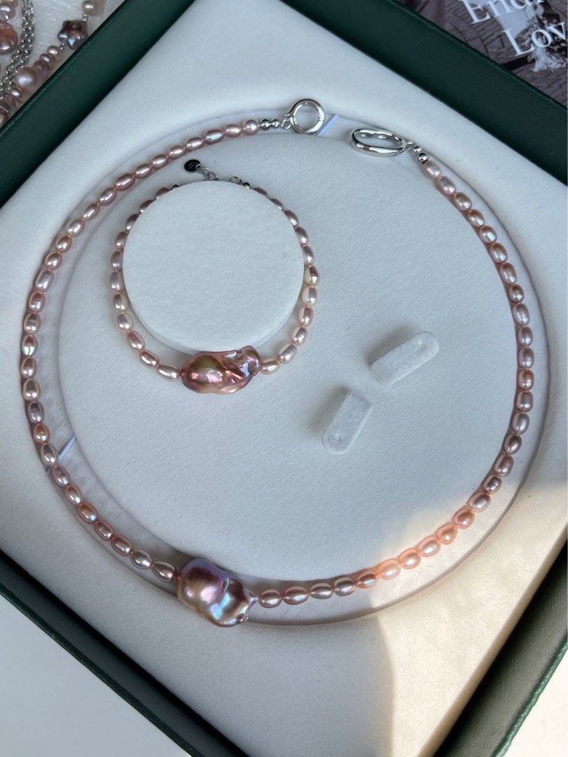 #PN195 Metallic City| Freshwater Pearl Necklace & Bracelet Set | Minimalist |Lustrous Baroque Pearl |Small Rice Pearl|Natural Flaws