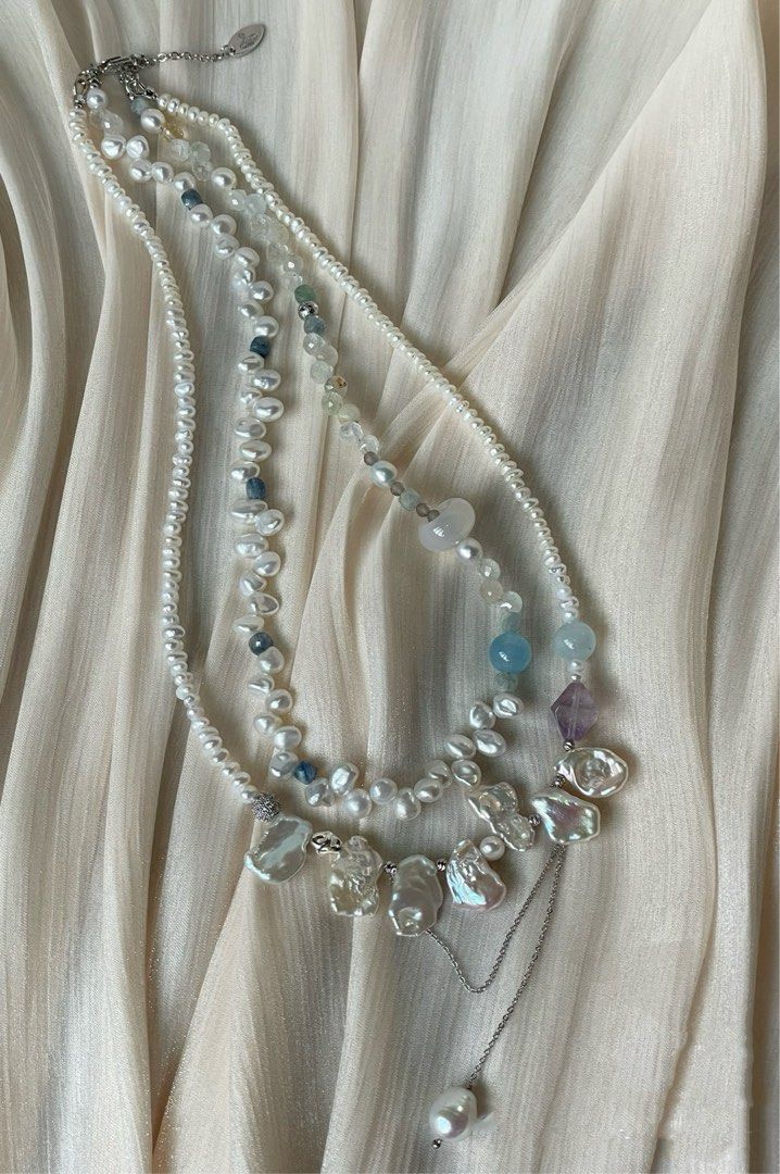 #PN18 Star Trek| Freshwater Pearl Necklace | Double-layer|Petal Baroque | Aquamarine | Agate Ring| Amethyst Faceted | Kyanite Cube|Baby Pearl