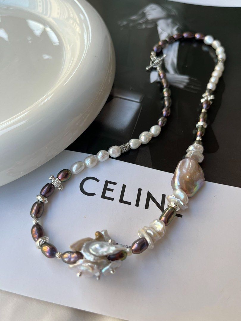 #PN172 [Floral Series] Freshwater Pearl Necklace | Champagne Pink Baroque Pearl |Metallic Rice Pearl|Silver Pearl Flower Petals |Gothic Style