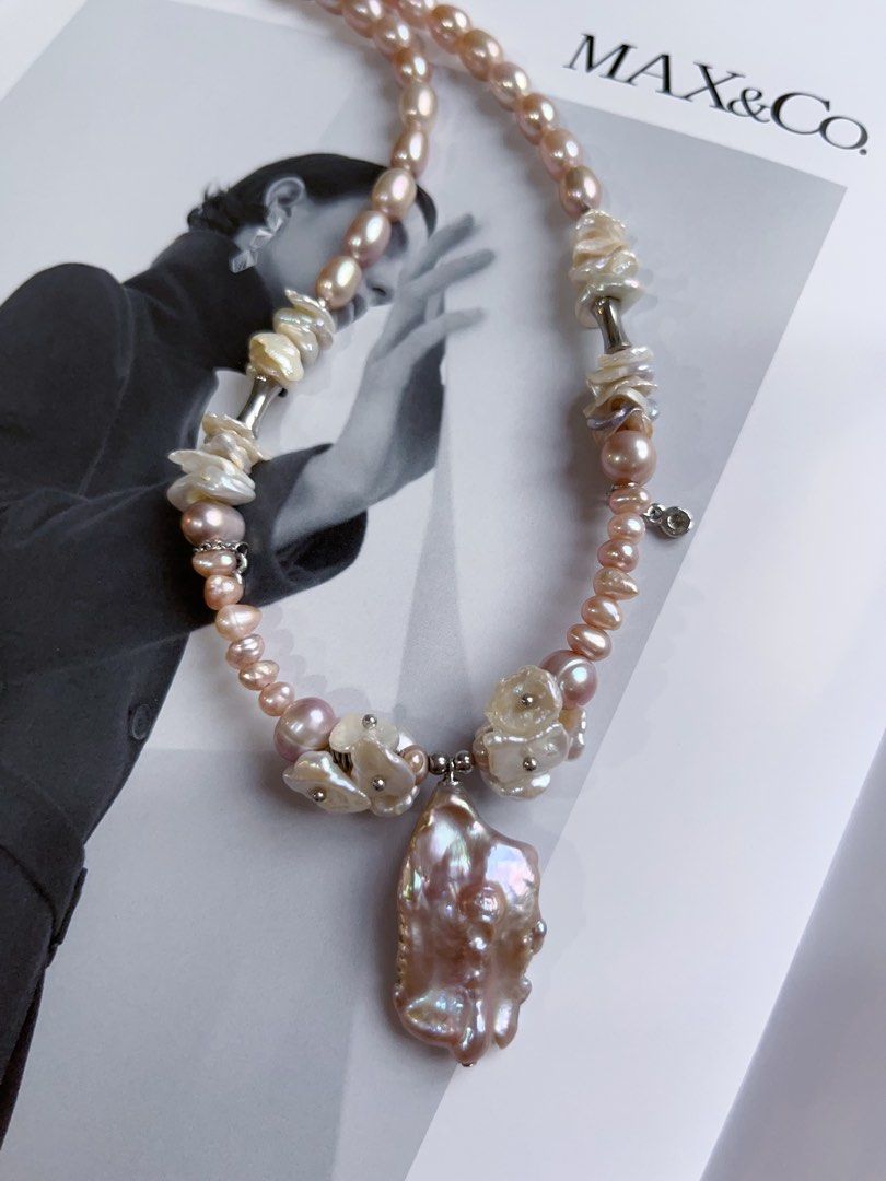 #PN131 [Floral Series] Genuine Design|Natural Freshwater Pearl Necklace & Earrings Set|Purple Rice Pearl |Baroque Pearl|”Mushroom” Earrings |Dripping Chains