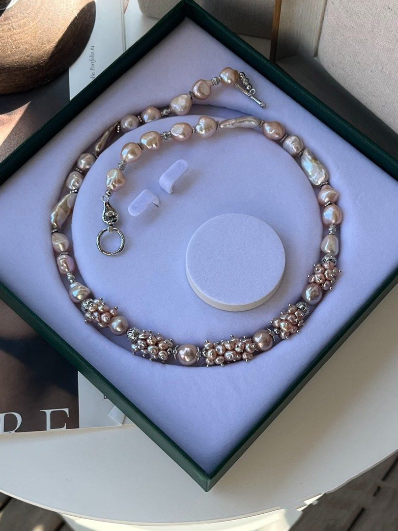 #PN163 [Floral Series] Cold Gold|Freshwater Pearl Necklace |Medium Length|Petal Pearl |Delicate Design|Big Lustrous Baroque Pearl |Champagne Lustre|Light Pink-Gold|Mixed Shapes |Purple Edison Pearl