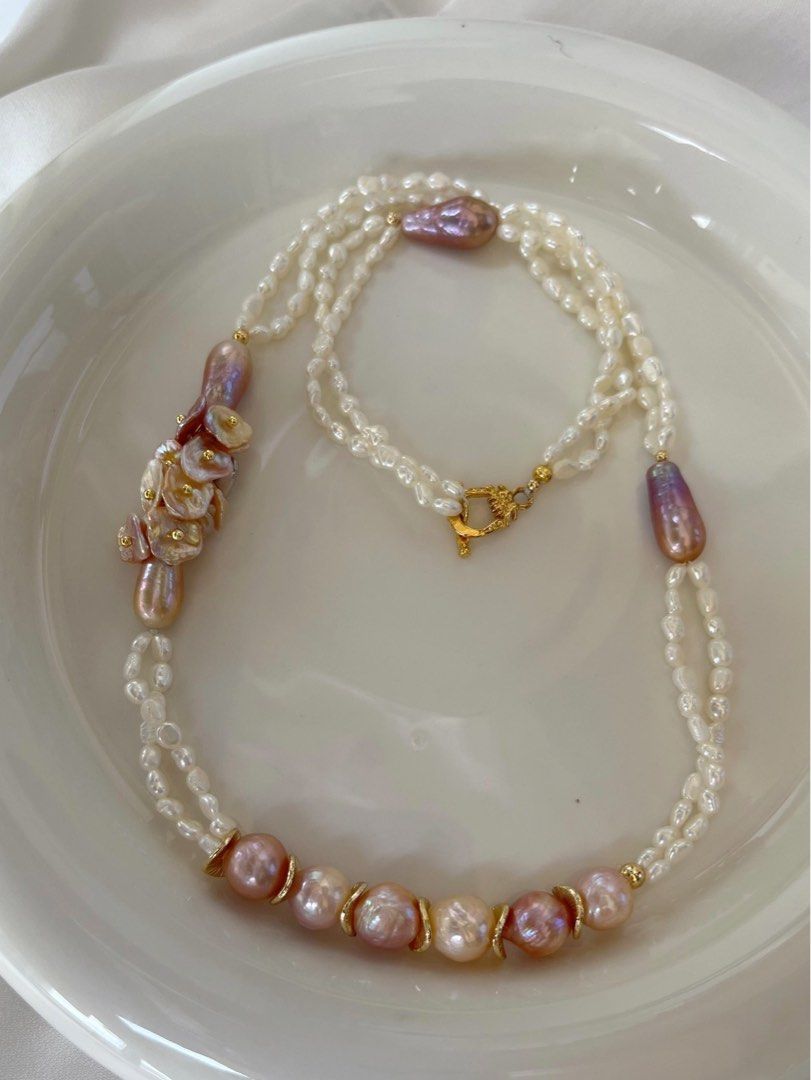 #PN146 [Floral Series] Freshwater Pearl Necklace & Bracelet & Earrings Set|Double-layered| Purple Baroque Pearl