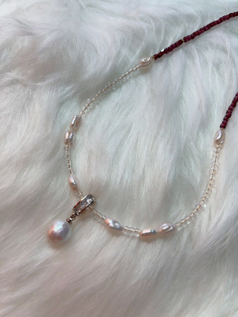 #PN278 Dark Red | Freshwater Pearl Necklace | Garnet Cubes| Import Beads| Keshi Baroque | Removable Pendant Pearl