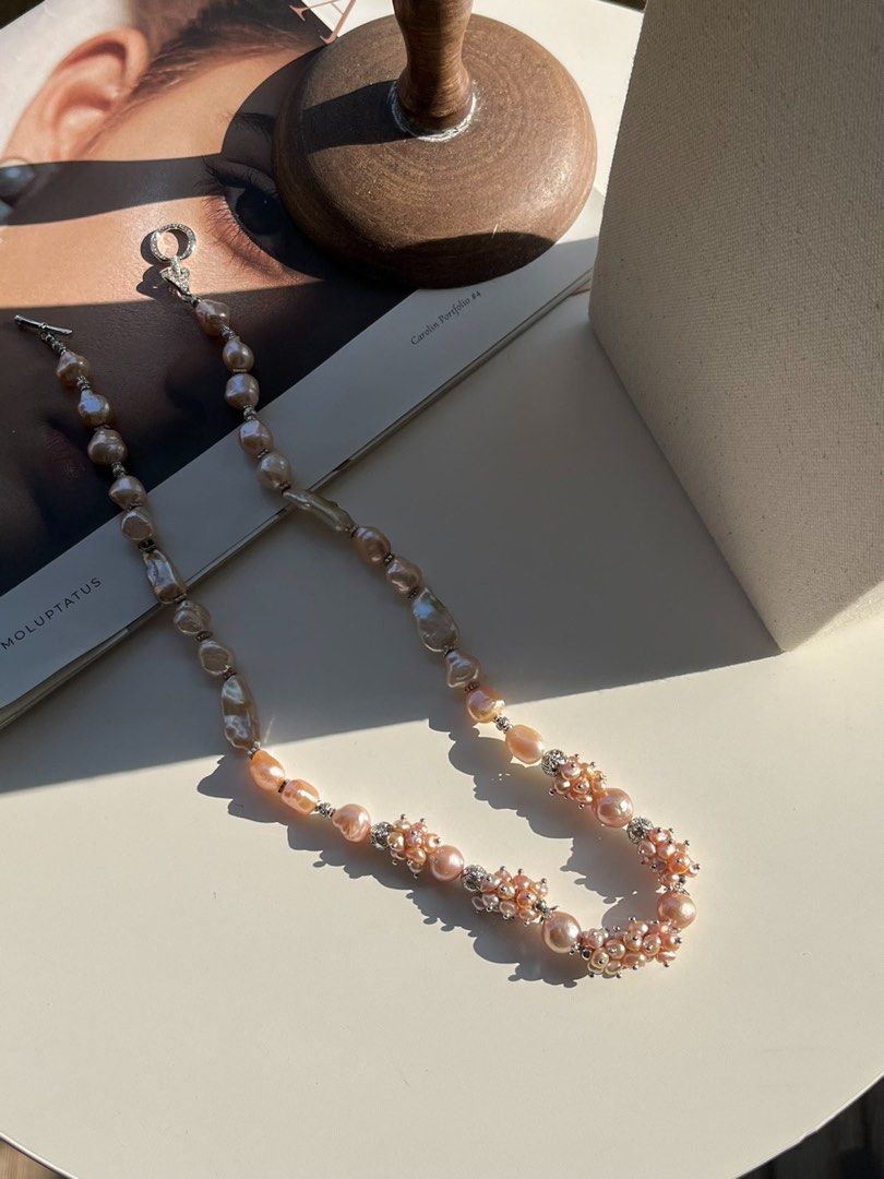 #PN163 [Floral Series] Cold Gold|Freshwater Pearl Necklace |Medium Length|Petal Pearl |Delicate Design|Big Lustrous Baroque Pearl |Champagne Lustre|Light Pink-Gold|Mixed Shapes |Purple Edison Pearl
