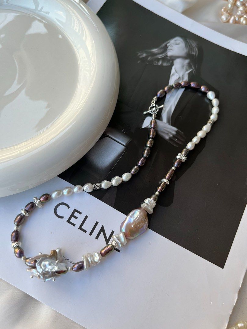 #PN172 [Floral Series] Freshwater Pearl Necklace | Champagne Pink Baroque Pearl |Metallic Rice Pearl|Silver Pearl Flower Petals |Gothic Style