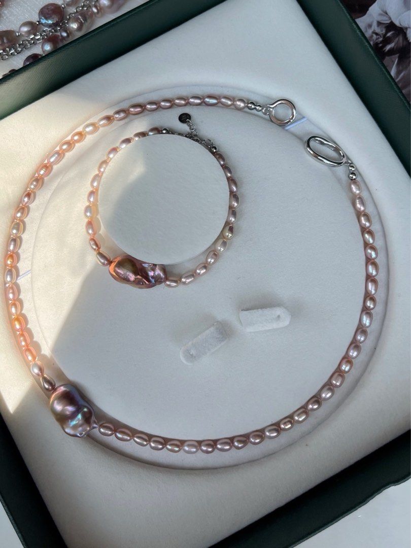 #PN195 Metallic City| Freshwater Pearl Necklace & Bracelet Set | Minimalist |Lustrous Baroque Pearl |Small Rice Pearl|Natural Flaws