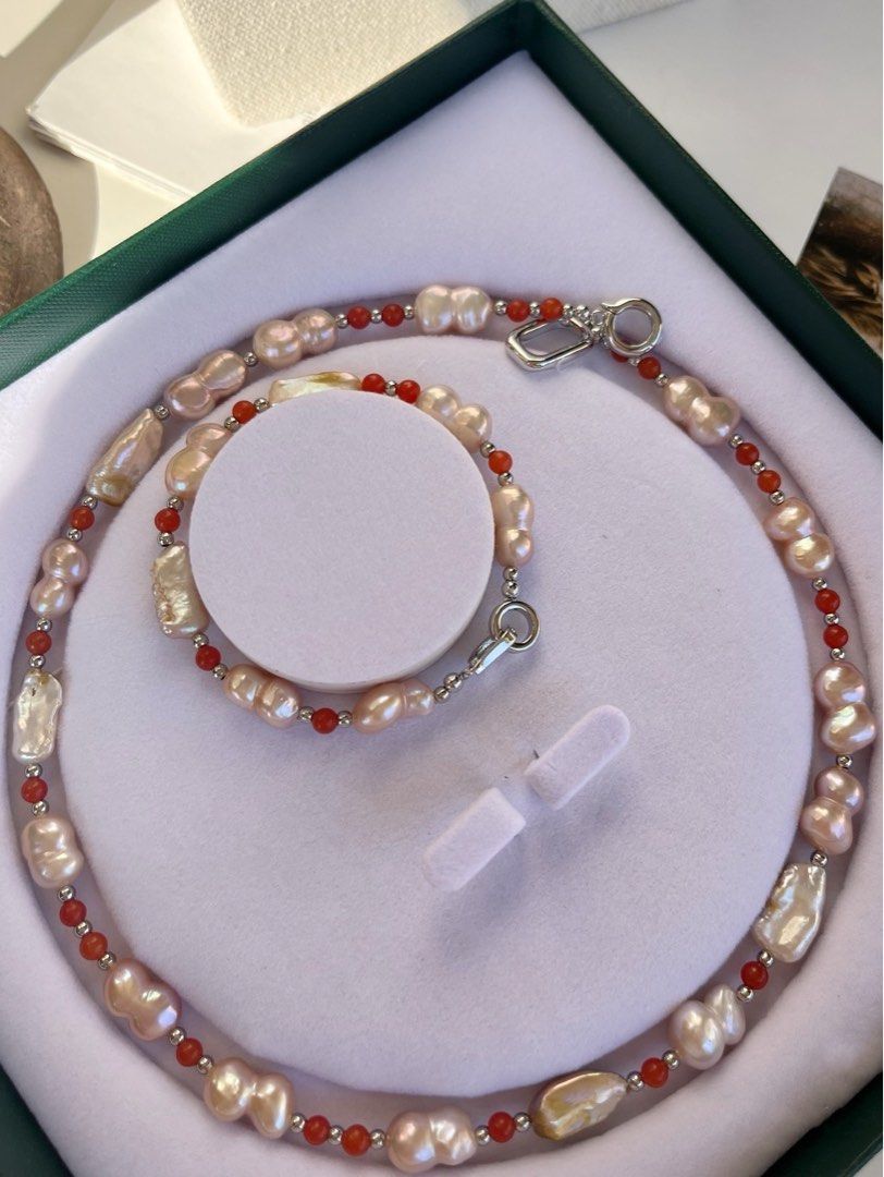 #PN66 Paint Red|Freshwater Pearl Necklace & Bracelet Set |Natural Stones|Gourd Pearl|Irregular