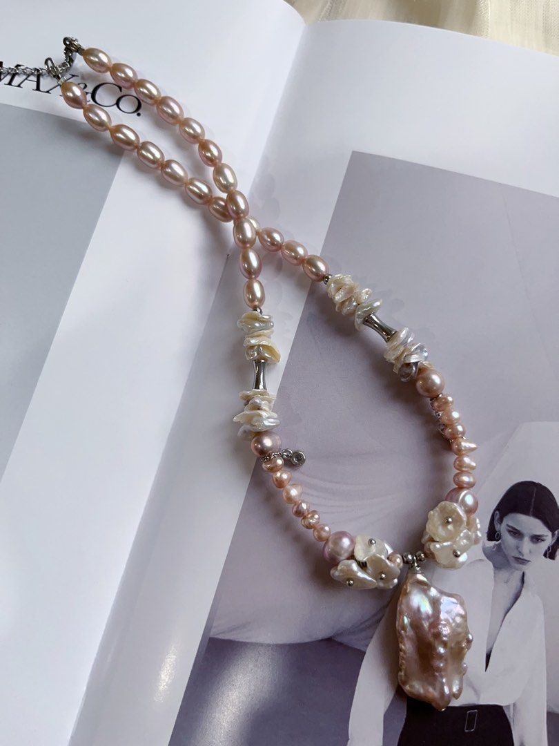 #PN131 [Floral Series] Genuine Design|Natural Freshwater Pearl Necklace & Earrings Set|Purple Rice Pearl |Baroque Pearl|”Mushroom” Earrings |Dripping Chains