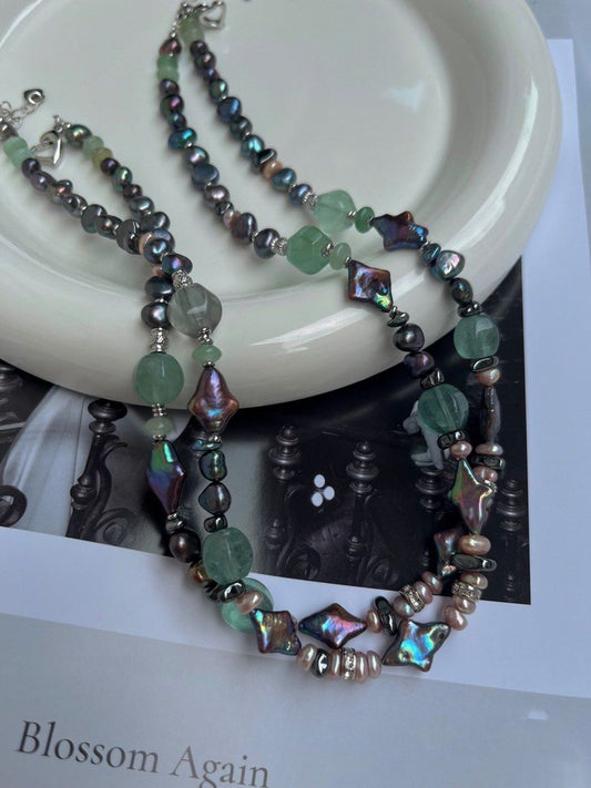 #PN80 [Sale]Summer Night “Star” Original Design Malachite Green Freshwater Pearl Baroque Necklace |Green Strawberry Crystal|Irradiation Colour