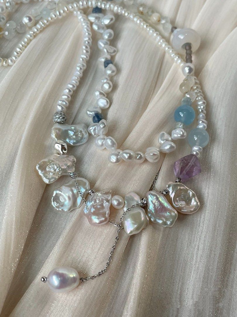 #PN18 Star Trek| Freshwater Pearl Necklace | Double-layer|Petal Baroque | Aquamarine | Agate Ring| Amethyst Faceted | Kyanite Cube|Baby Pearl