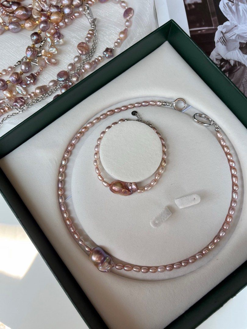 #PN195 Metallic City| Freshwater Pearl Necklace & Bracelet Set | Minimalist |Lustrous Baroque Pearl |Small Rice Pearl|Natural Flaws