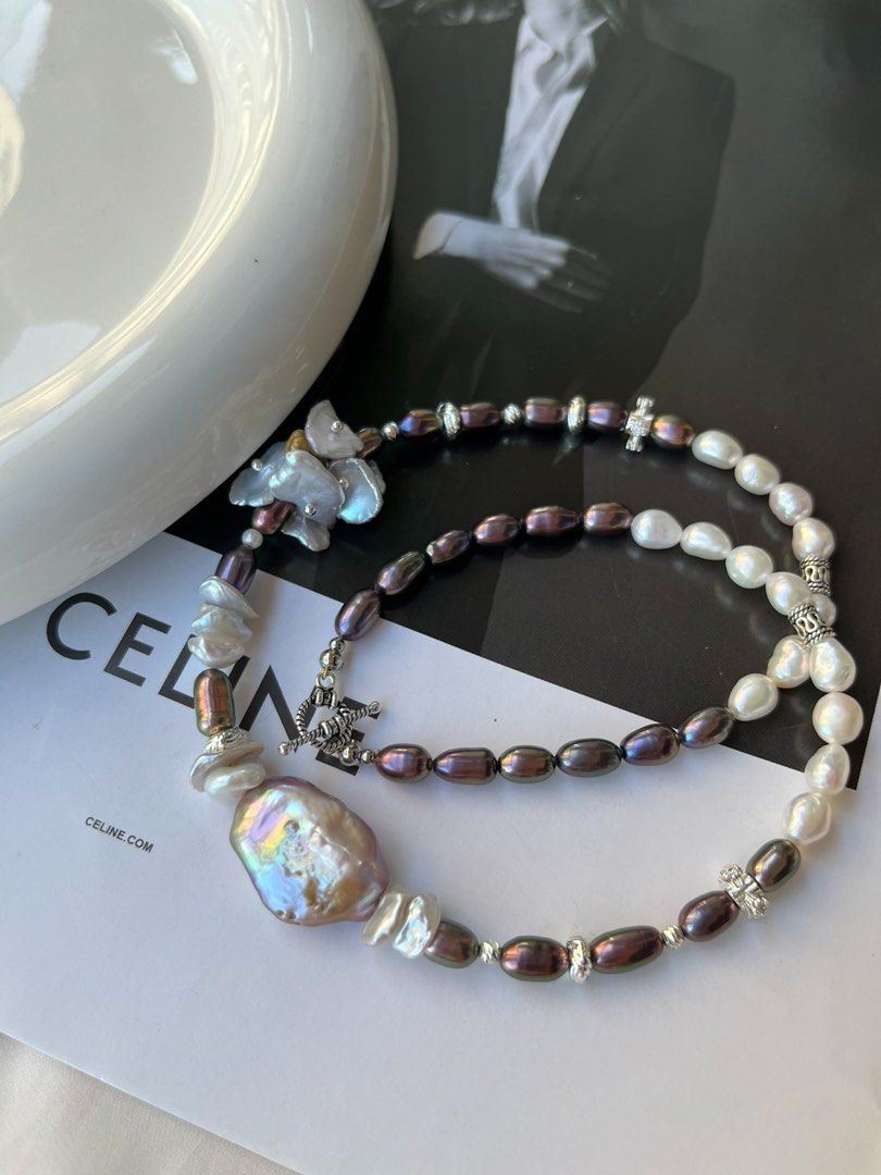 #PN172 [Floral Series] Freshwater Pearl Necklace | Champagne Pink Baroque Pearl |Metallic Rice Pearl|Silver Pearl Flower Petals |Gothic Style