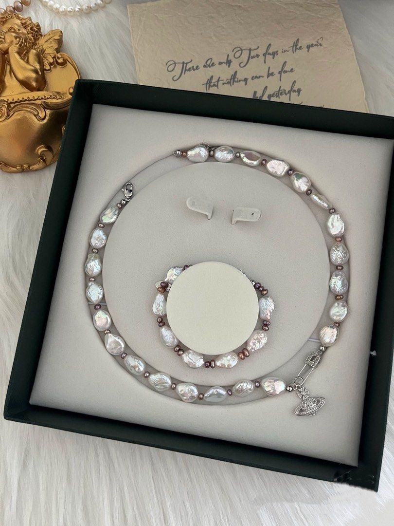 #PN254 White Diamond | Freshwater Pearl Necklace & Bracelet Set | Pin |Water-drop, Coin Pearl | Lustrous
