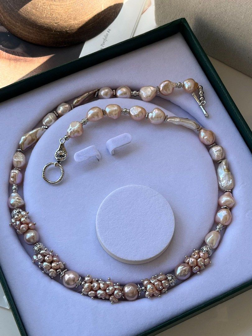 #PN163 [Floral Series] Cold Gold|Freshwater Pearl Necklace |Medium Length|Petal Pearl |Delicate Design|Big Lustrous Baroque Pearl |Champagne Lustre|Light Pink-Gold|Mixed Shapes |Purple Edison Pearl