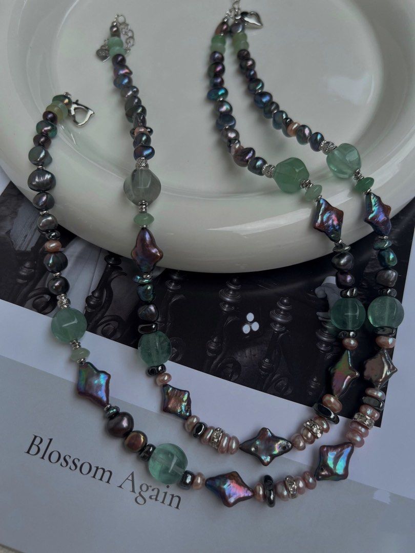#PN80 [Sale]Summer Night “Star” Original Design Malachite Green Freshwater Pearl Baroque Necklace |Green Strawberry Crystal|Irradiation Colour