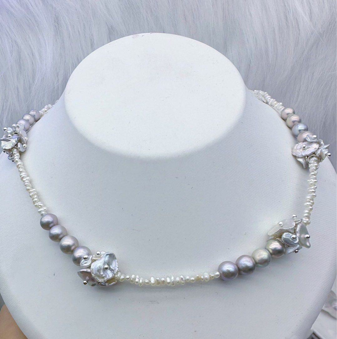 #PN149 [Sale][Floral Series] Freshwater Keshi Pearl Necklace |Silver Blueish|Layered Petals |Cool & Sweet|Electro-treated Colour