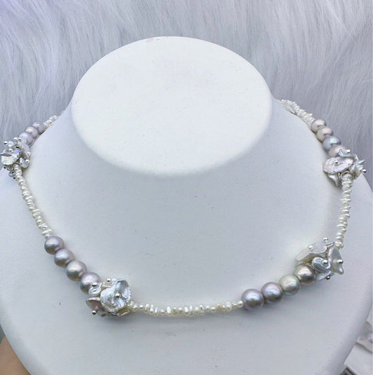 #PN149 [Sale][Floral Series] Freshwater Keshi Pearl Necklace |Silver Blueish|Layered Petals |Cool & Sweet|Electro-treated Colour
