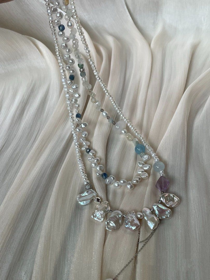 #PN18 Star Trek| Freshwater Pearl Necklace | Double-layer|Petal Baroque | Aquamarine | Agate Ring| Amethyst Faceted | Kyanite Cube|Baby Pearl