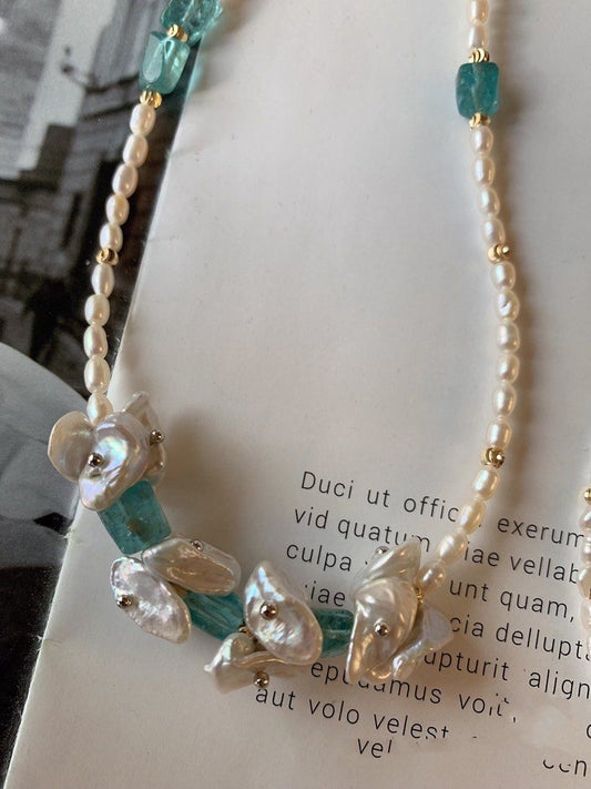 #PN29 [Sale][Floral Series] Handmade Original Design Freshwater Pearl Necklace |Baby Baroque Pearl Necklace |Petal Pearl |Fluorite