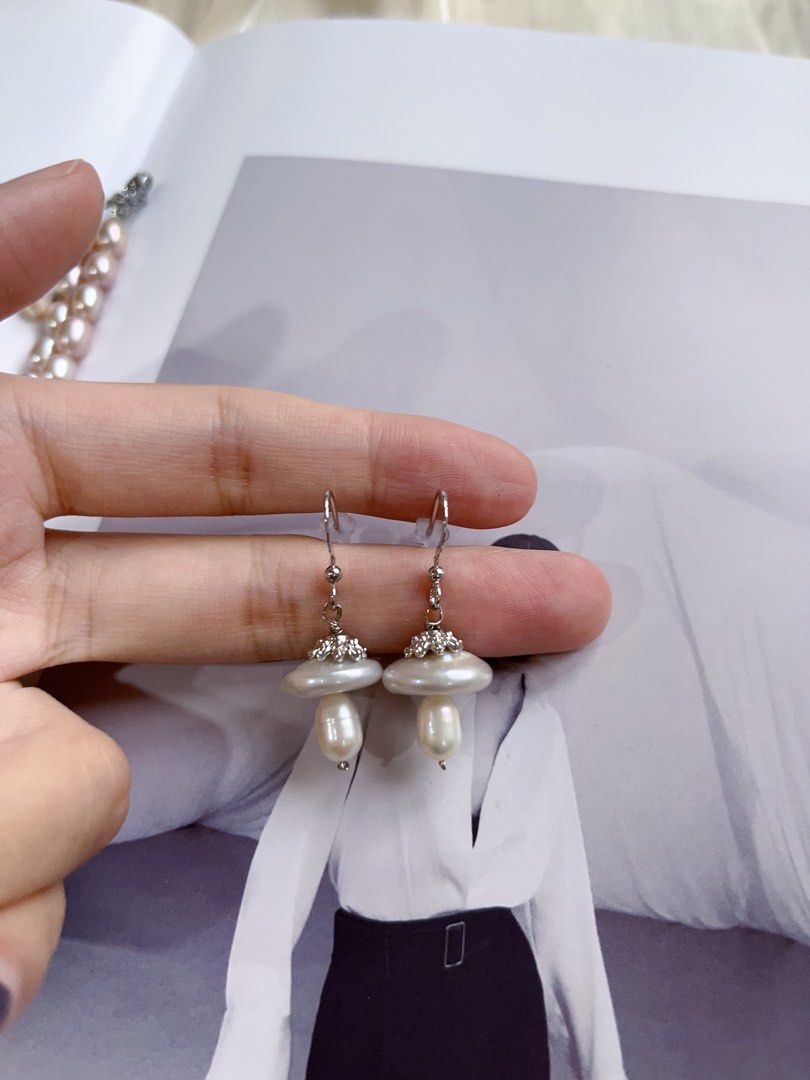 #PN131 [Floral Series] Genuine Design|Natural Freshwater Pearl Necklace & Earrings Set|Purple Rice Pearl |Baroque Pearl|”Mushroom” Earrings |Dripping Chains