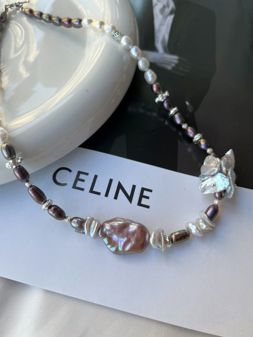 #PN172 [Floral Series] Freshwater Pearl Necklace | Champagne Pink Baroque Pearl |Metallic Rice Pearl|Silver Pearl Flower Petals |Gothic Style