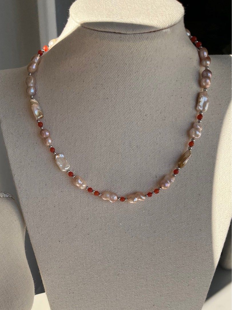 #PN66 Paint Red|Freshwater Pearl Necklace & Bracelet Set |Natural Stones|Gourd Pearl|Irregular