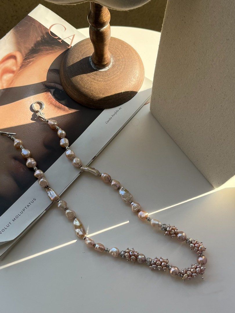 #PN163 [Floral Series] Cold Gold|Freshwater Pearl Necklace |Medium Length|Petal Pearl |Delicate Design|Big Lustrous Baroque Pearl |Champagne Lustre|Light Pink-Gold|Mixed Shapes |Purple Edison Pearl