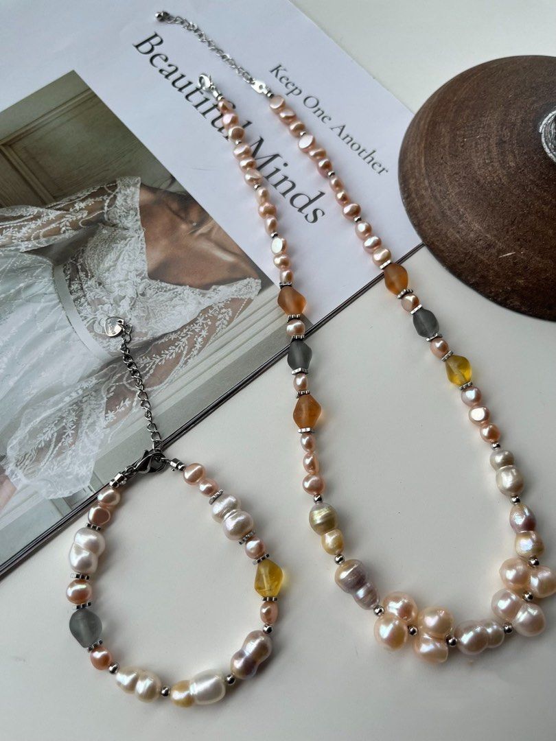 #PN210 Golden Age|Freshwater Pearl Bracelet & Necklace Set|Baroque Pearl |Gourd Shaped|Coloured Glaze