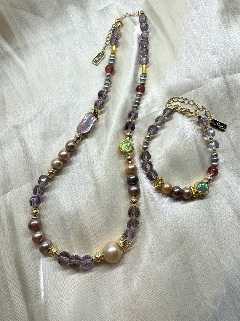 #PN226 Purple Crown |Freshwater Pearl Necklace & Bracelet Set |Clear Purple Quartz |Champagne Gold Pearl|Supreme Lustre|Deep Purple Pearl |Strawberry Quartz