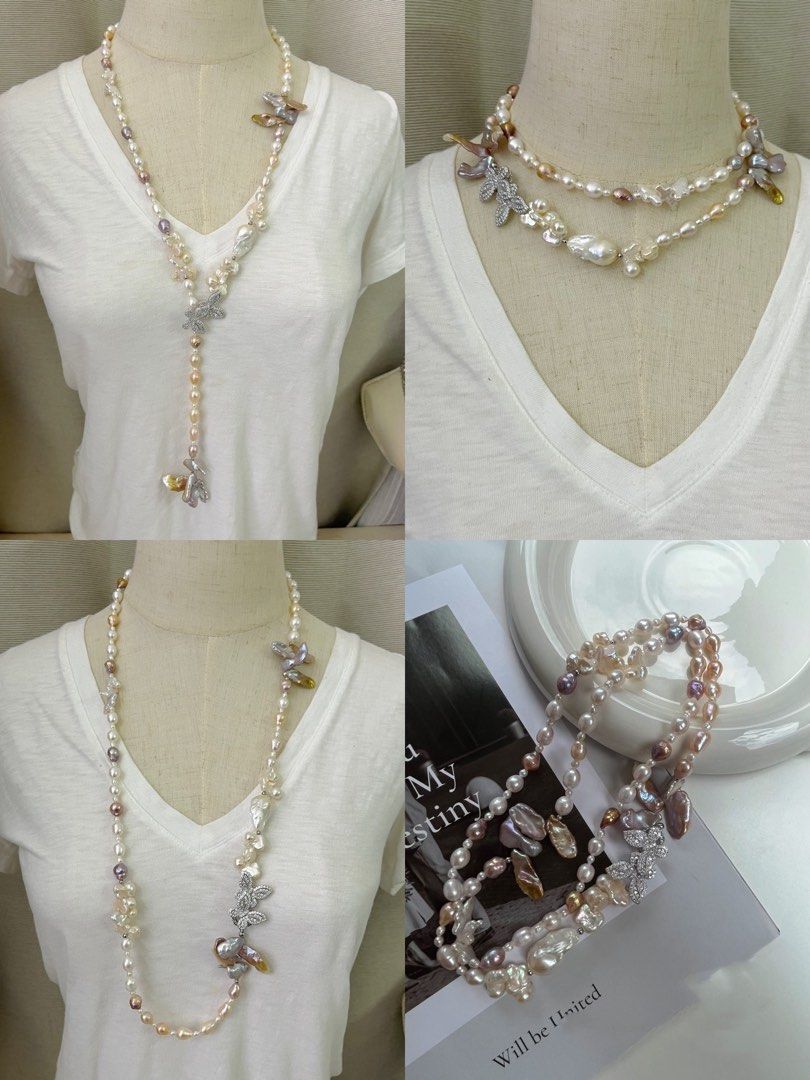 #PN43 Original Design Freshwater “Alien” Shaped Baroque Pearl Long Necklace | Fishtail Pearl|Petals Pearl | Avocado Color