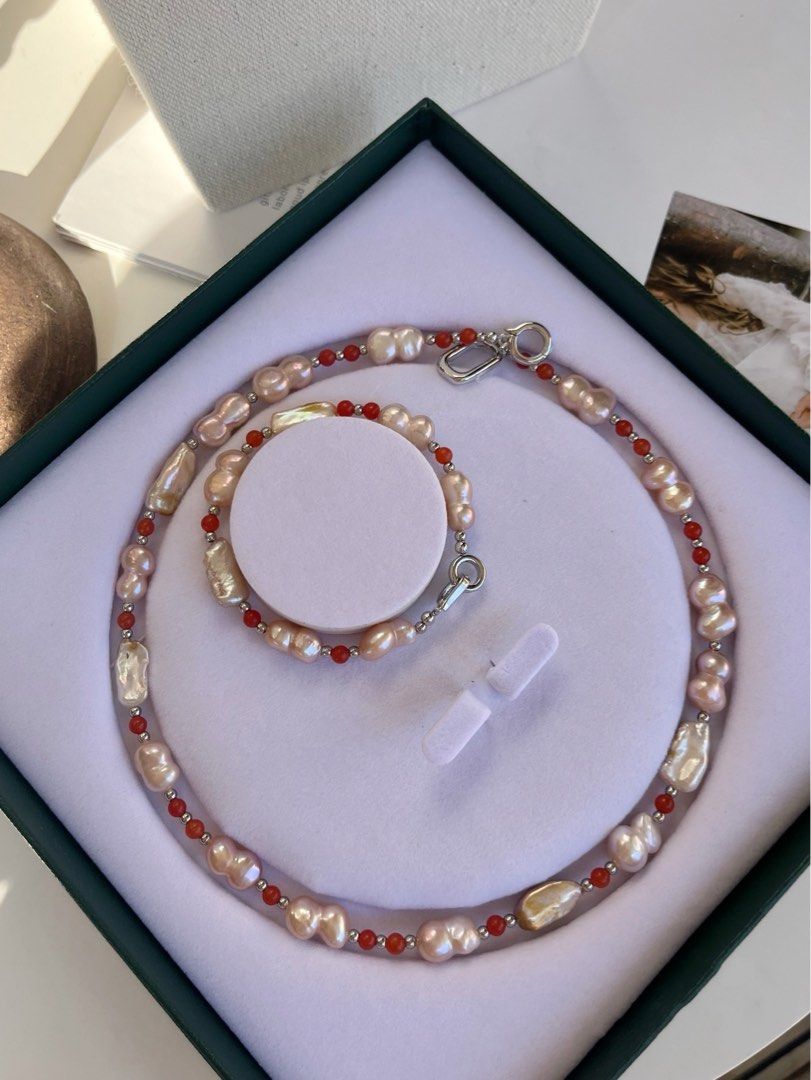 #PN66 Paint Red|Freshwater Pearl Necklace & Bracelet Set |Natural Stones|Gourd Pearl|Irregular