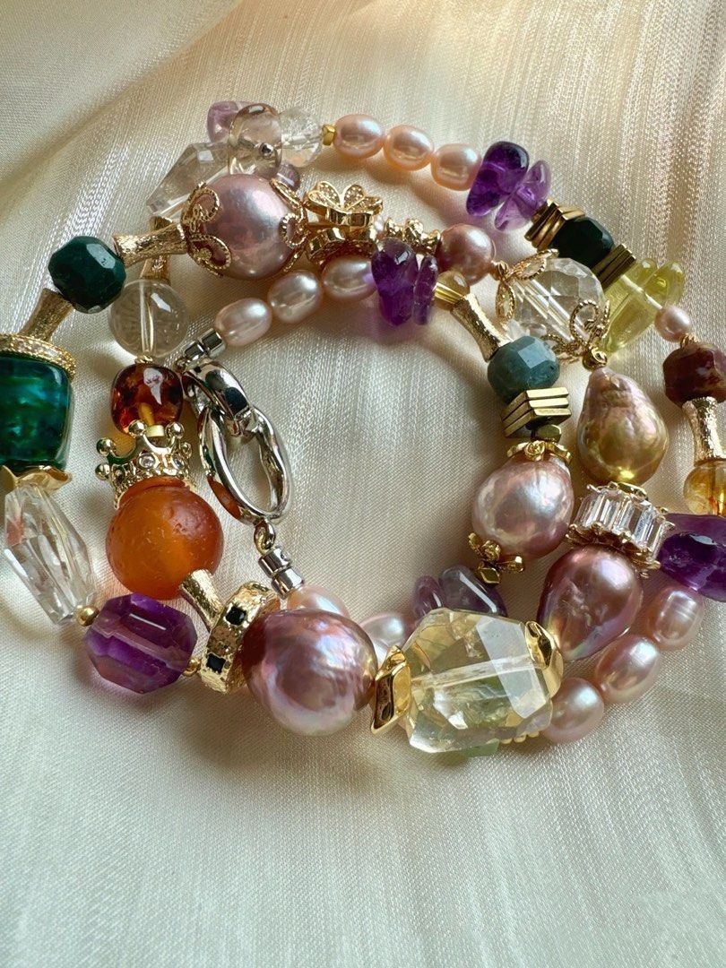 #PN132 [Floral Series] Grand Beauty |Freshwater Pearl Necklace |Double Layered|Thin Chain Necklace |Dark Amethyst Free-form|Purple Baroque Pearl |Amber|Agate|Golden Lustre|Clear Quartz