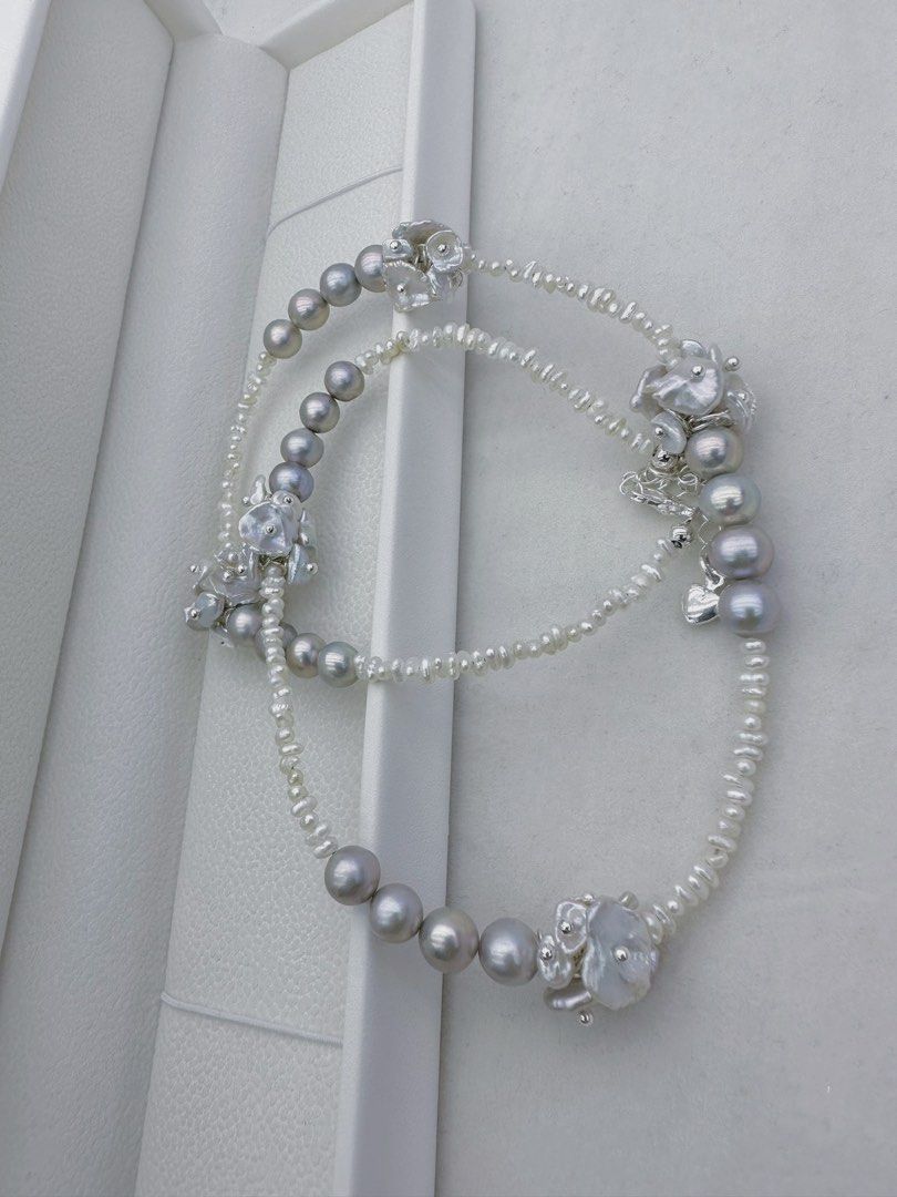 #PN149 [Sale][Floral Series] Freshwater Keshi Pearl Necklace |Silver Blueish|Layered Petals |Cool & Sweet|Electro-treated Colour