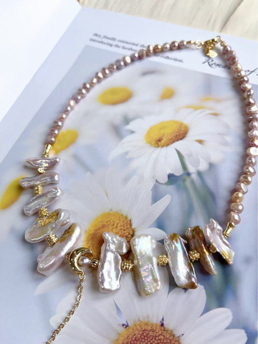 #PN11 [Floral Series] Handmade Original Design Genuine Freshwater Pearl Necklace |Purple “Lute” Shaped Baroque Pearl |Gilding on Pearl|Dripping Pendant |Excellent Lustre