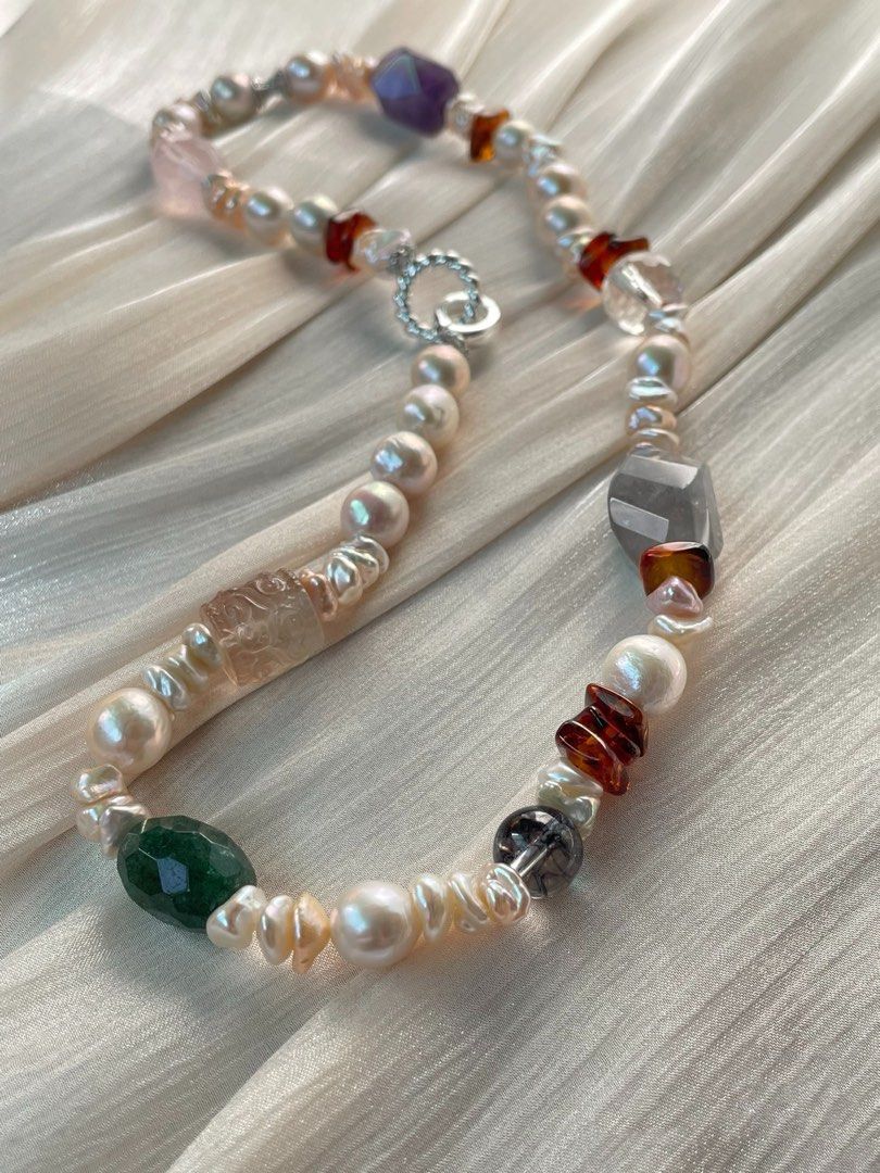 #PN19 Divine Drape| Freshwater Pearl Necklace | Beeswax Chip|Faceted Rose Quartz|Amethyst Freeform| Black Rutile| Green Strawberry Faceted |Chip Baroque | Carved Fluorite Barrel | Phantom