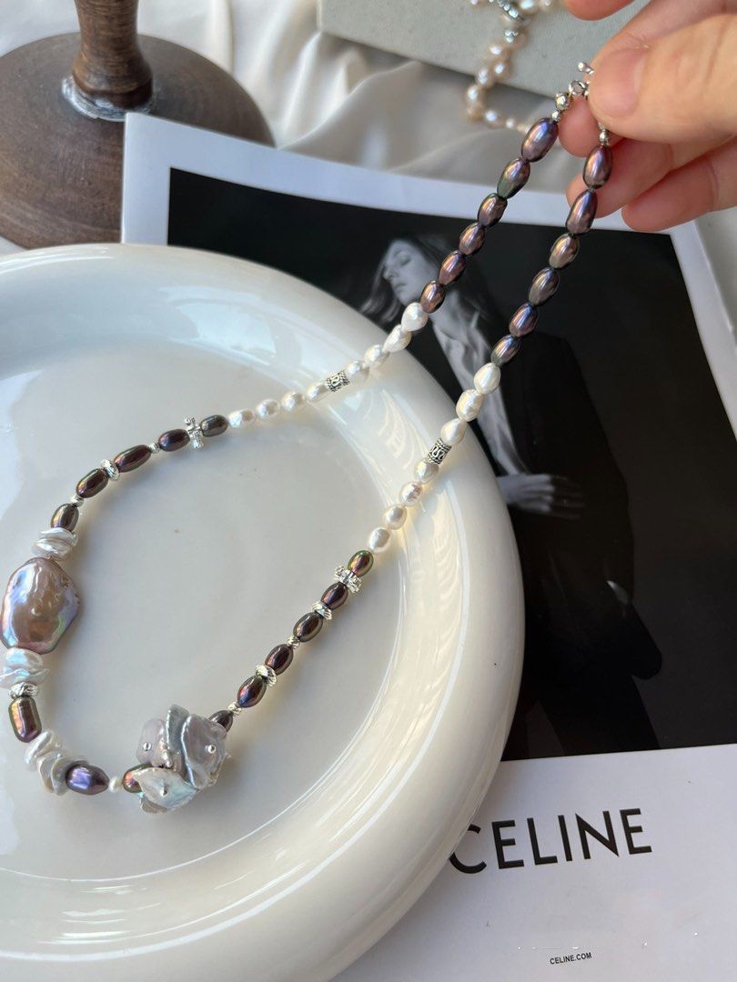 #PN172 [Floral Series] Freshwater Pearl Necklace | Champagne Pink Baroque Pearl |Metallic Rice Pearl|Silver Pearl Flower Petals |Gothic Style