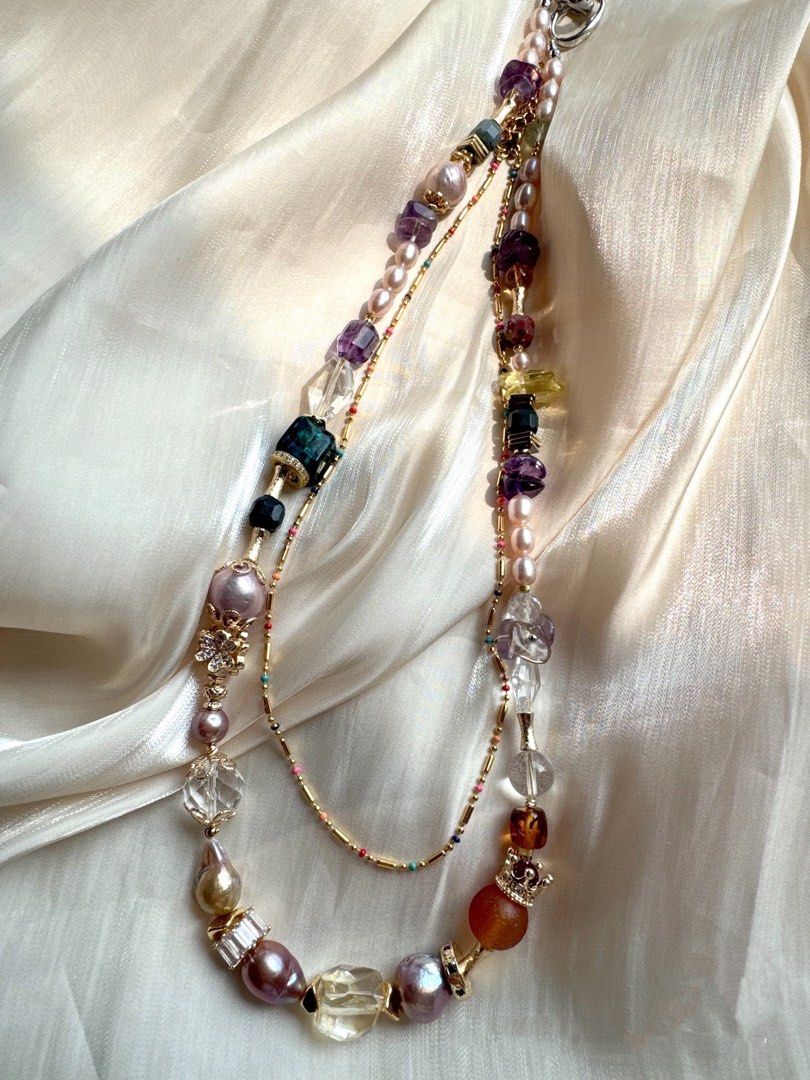 #PN132 [Floral Series] Grand Beauty |Freshwater Pearl Necklace |Double Layered|Thin Chain Necklace |Dark Amethyst Free-form|Purple Baroque Pearl |Amber|Agate|Golden Lustre|Clear Quartz