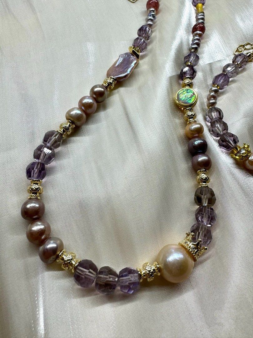 #PN226 Purple Crown |Freshwater Pearl Necklace & Bracelet Set |Clear Purple Quartz |Champagne Gold Pearl|Supreme Lustre|Deep Purple Pearl |Strawberry Quartz