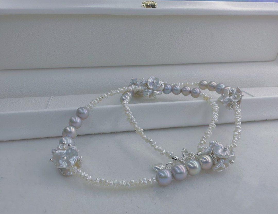 #PN149 [Sale][Floral Series] Freshwater Keshi Pearl Necklace |Silver Blueish|Layered Petals |Cool & Sweet|Electro-treated Colour