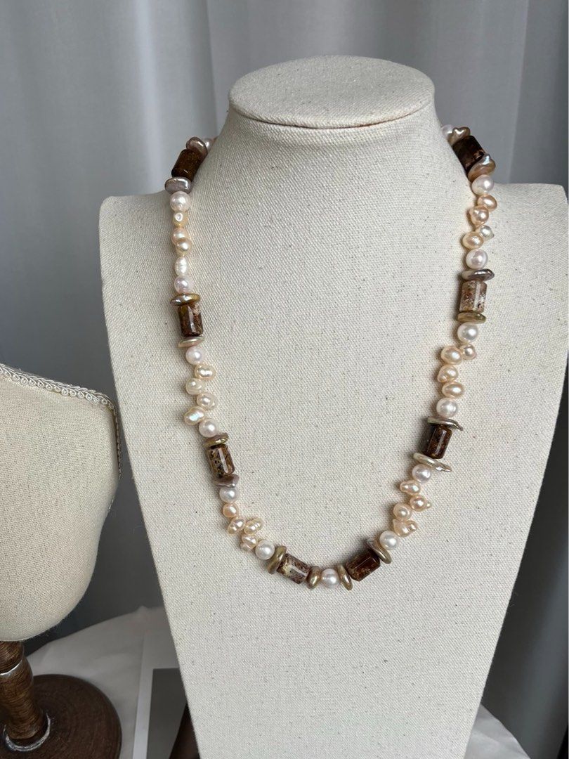 #PN196 Autumn Leaves | Freshwater Pearl Necklace & Earrings Set |Natural Stones |Quartz|Coin Pearl |Big Baroque Pearl|Natural Flaws