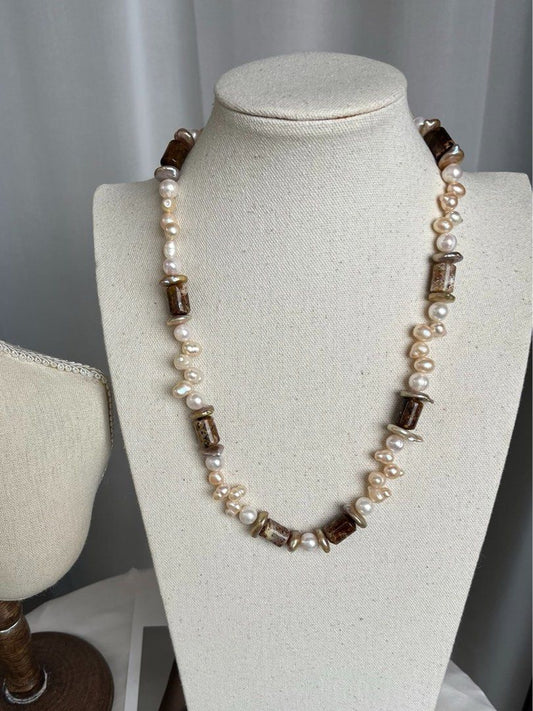 #PN196 Autumn Leaves | Freshwater Pearl Necklace & Earrings Set |Natural Stones |Quartz|Coin Pearl |Big Baroque Pearl|Natural Flaws
