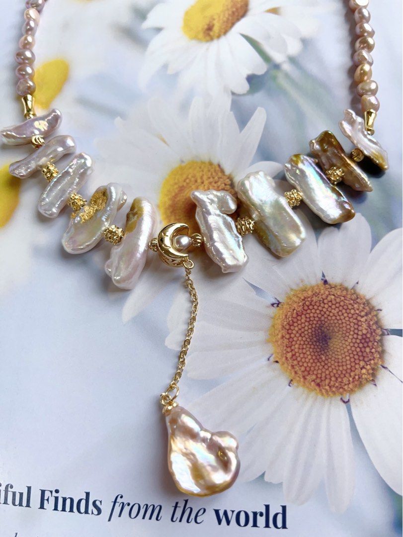 #PN11 [Floral Series] Handmade Original Design Genuine Freshwater Pearl Necklace |Purple “Lute” Shaped Baroque Pearl |Gilding on Pearl|Dripping Pendant |Excellent Lustre