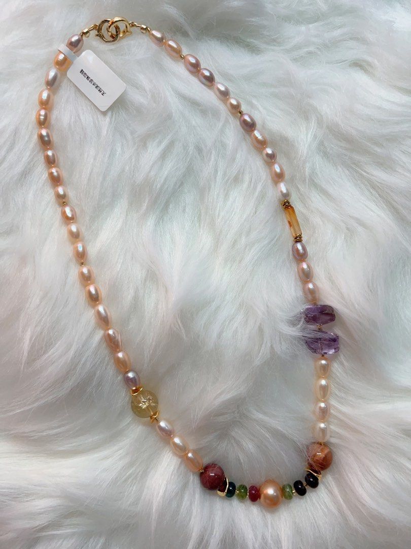 #PN279 Splendid Pink| Freshwater Pearl Necklace | Lustrous Rice Pearl | Amethyst Freeform | Tourmaline Abacus | Citrine | Edison Pearl