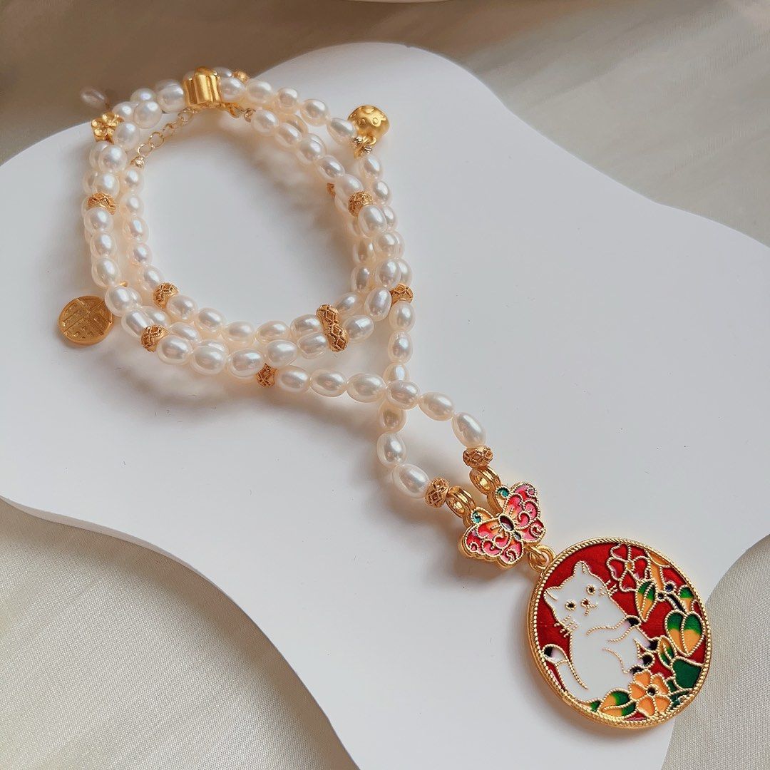 #PN99 Freshwater Pearl Long Necklace |Double-sided Cat Pendent| Alluvial Gold Plated