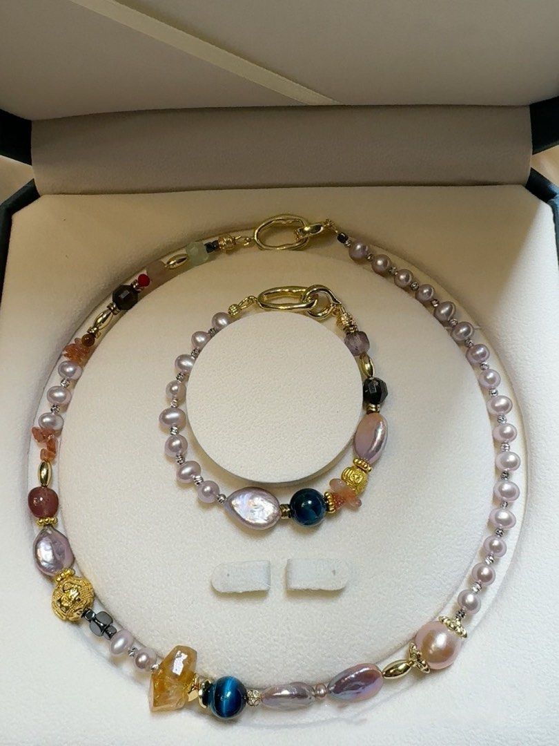 #PN211 Summer Wonder|Freshwater Pearl Necklace & Bracelet Set |Blue Tiger Eye|Yellow Quartz |Sun Stone|Pink Quartz |Big Peach Baroque Pearl |Purple Button Pearl|Bracelet & Necklace Connectable